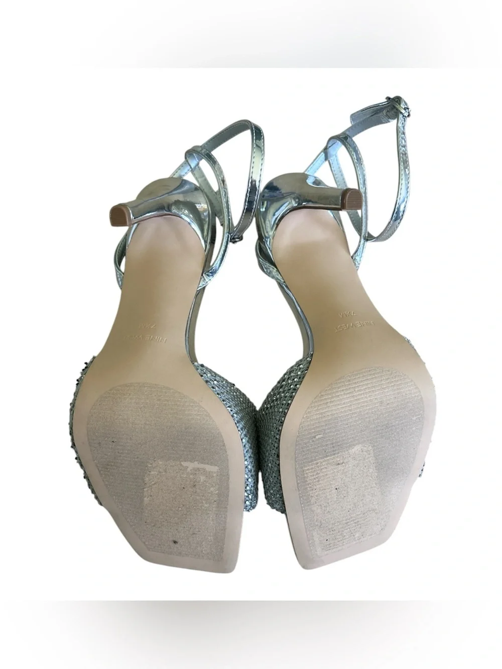 Nine West Silver Metallic Mesh Crystal Rhinestone Ankle-Strap Heels Size 7.5